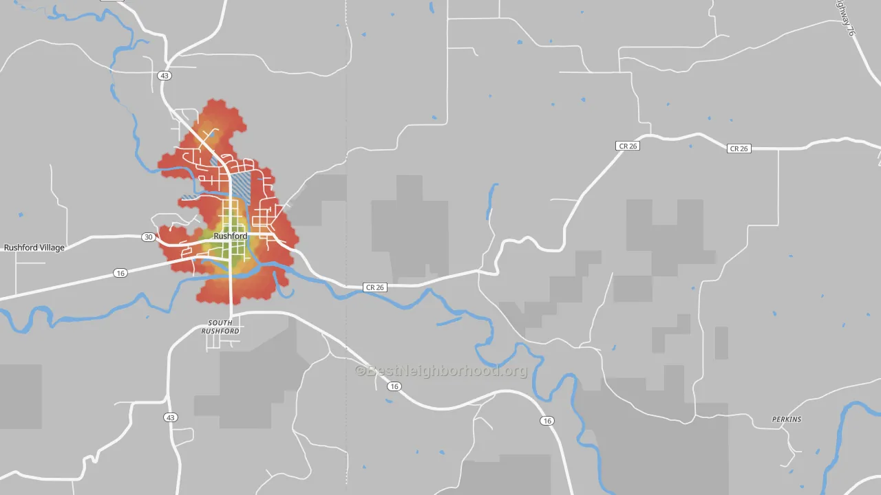 Walk Grade map of South Rushford, MN, walkable areas in green and car-dependent areas in red