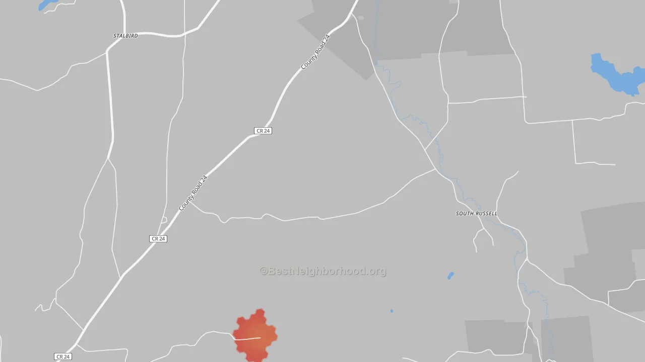 Walk Grade map of South Russell, NY, walkable areas in green and car-dependent areas in red