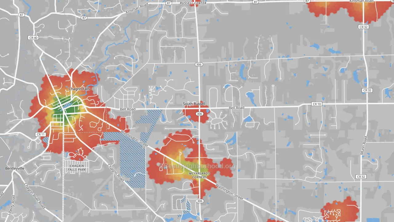 Walk Grade map of South Russell, OH, walkable areas in green and car-dependent areas in red
