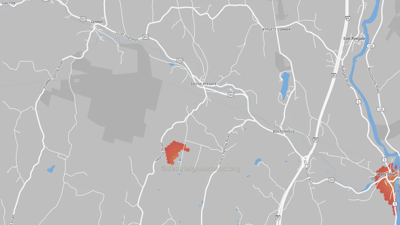 Walk Grade map of South Ryegate, VT, walkable areas in green and car-dependent areas in red