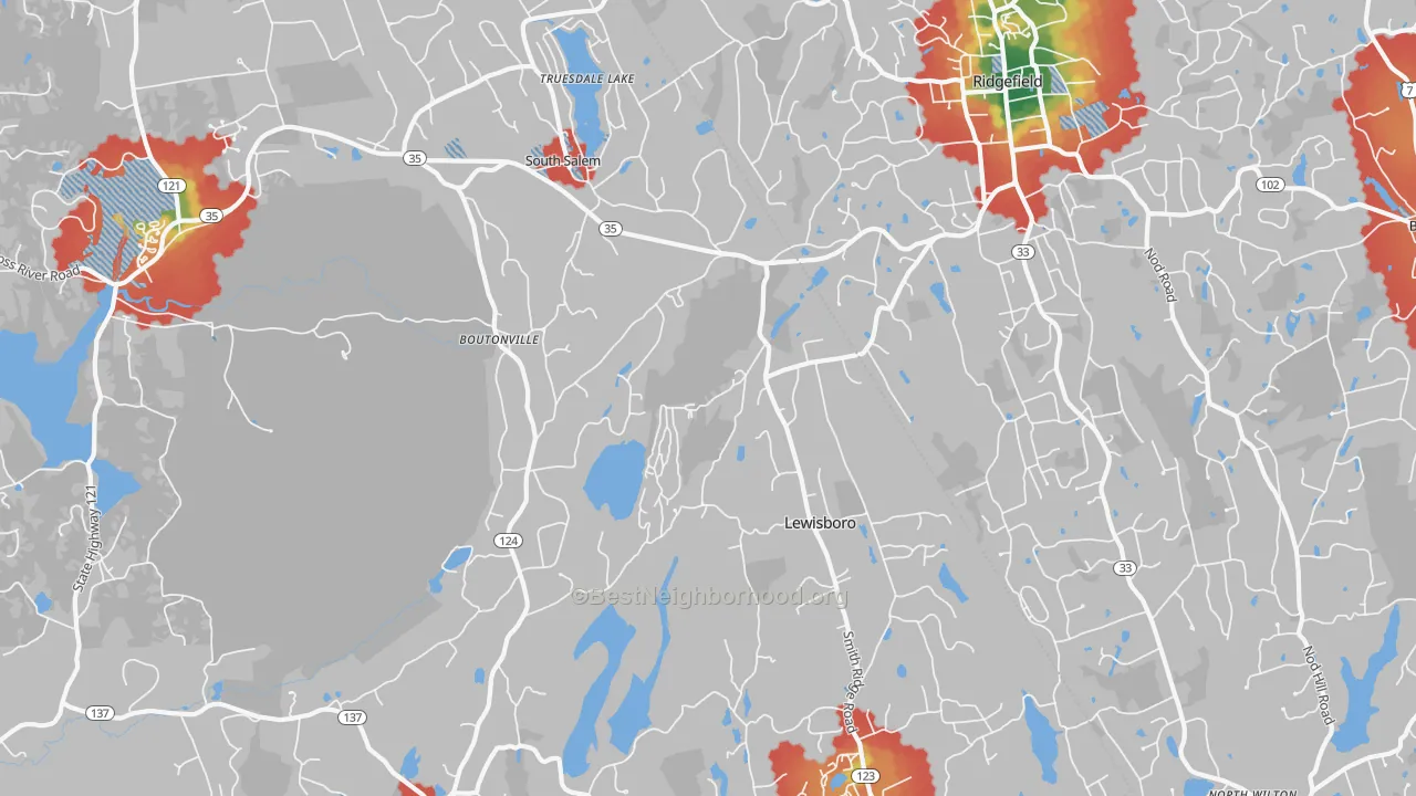 Walk Grade map of South Salem, NY, walkable areas in green and car-dependent areas in red