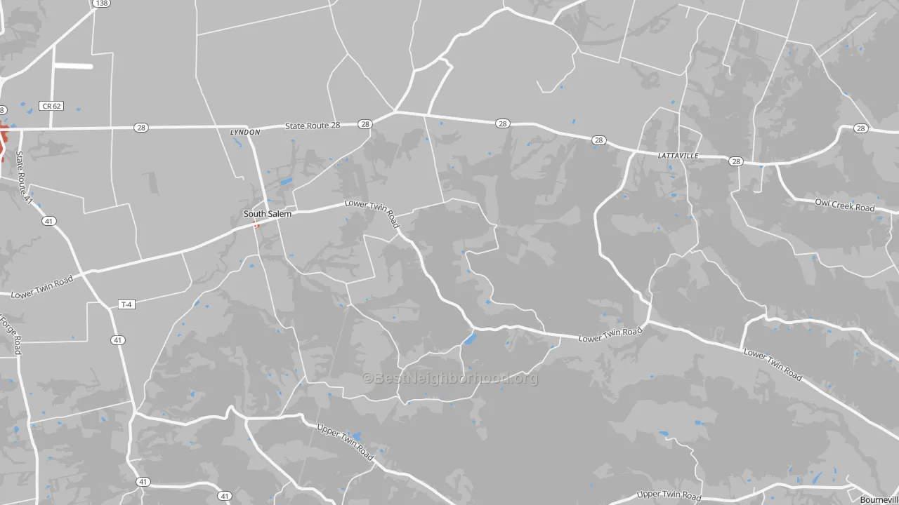Walk Grade map of South Salem, OH, walkable areas in green and car-dependent areas in red