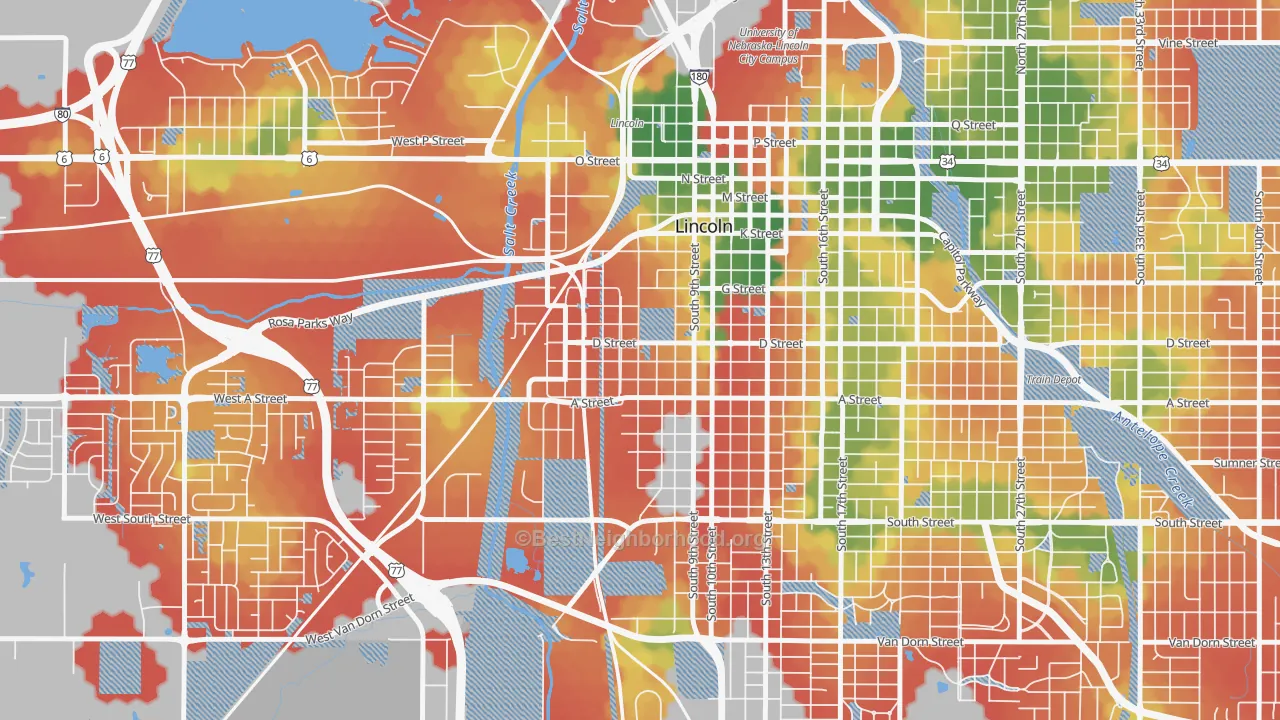 Walk Grade map of South Salt Creek, Lincoln, NE, walkable areas in green and car-dependent areas in red