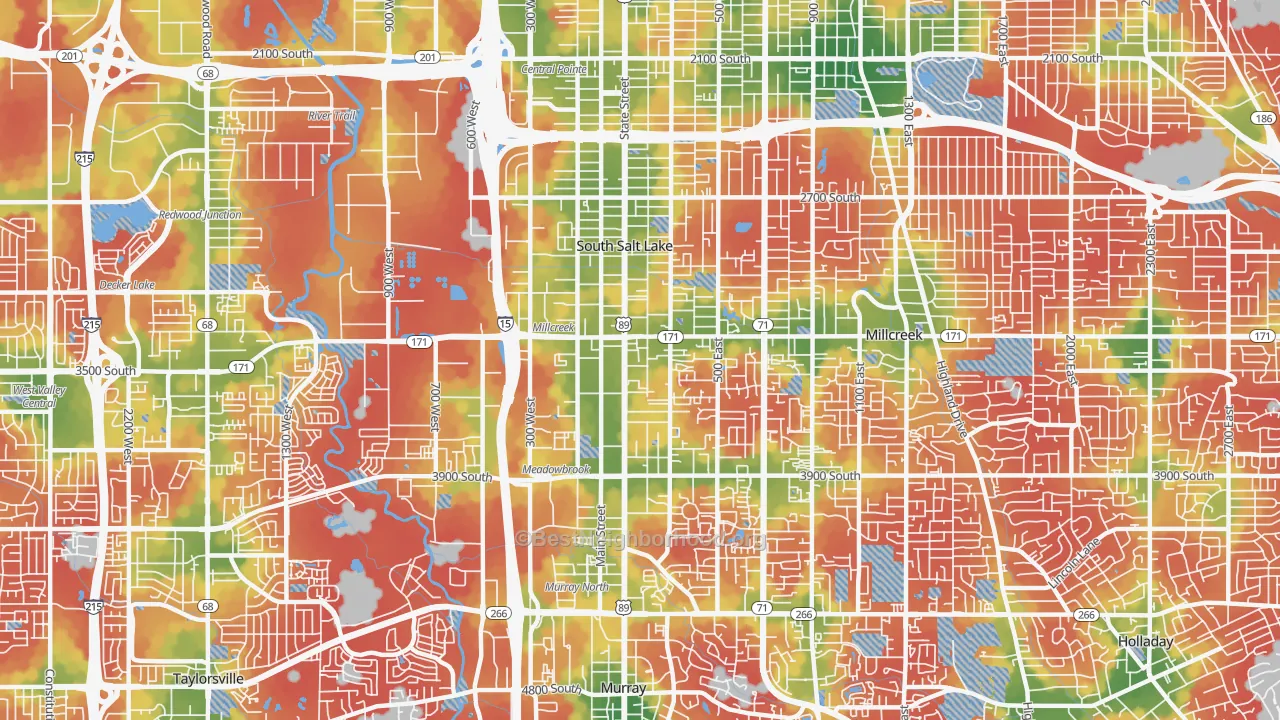 Walk Grade map of South Salt Lake, UT, walkable areas in green and car-dependent areas in red