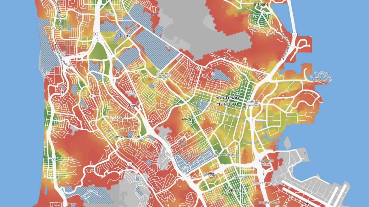 Walk Grade map of South San Francisco, CA, walkable areas in green and car-dependent areas in red