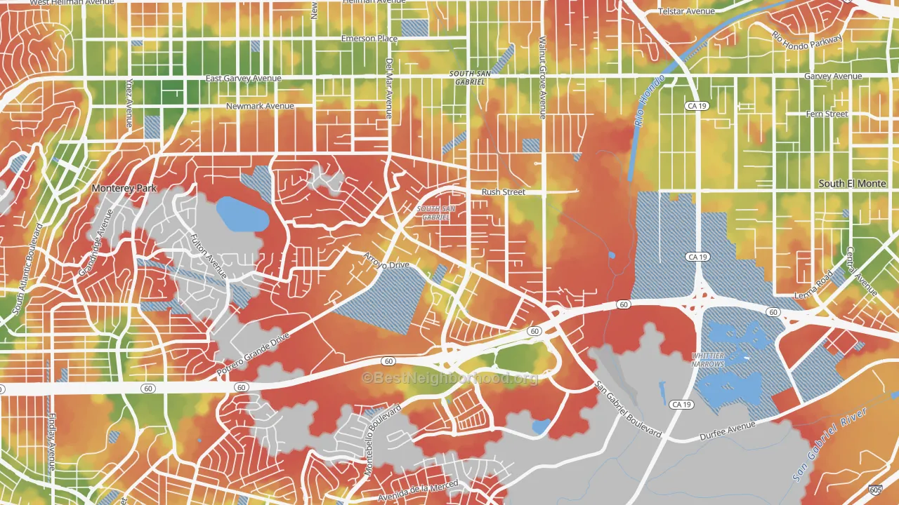 Walk Grade map of South San Gabriel, Rosemead, CA, walkable areas in green and car-dependent areas in red