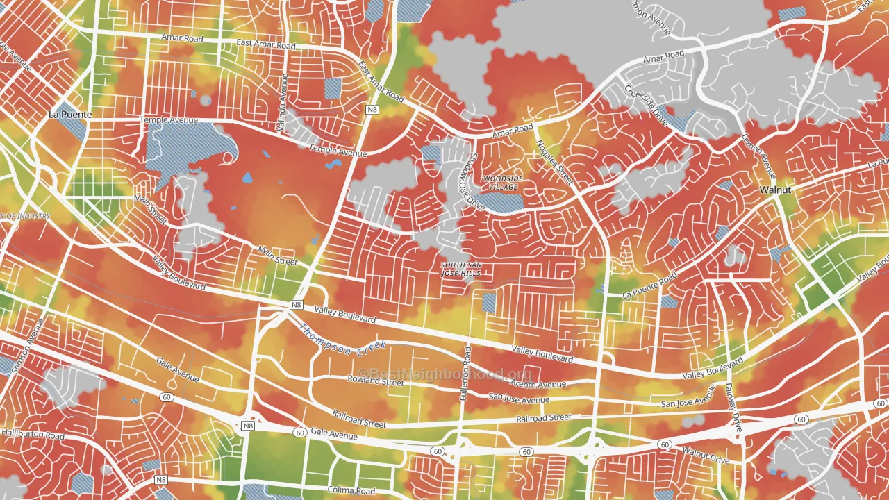 Walk Grade map of South San Jose Hills, CA, walkable areas in green and car-dependent areas in red
