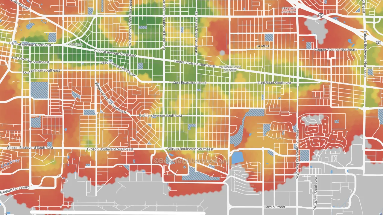 Walk Grade map of South San Pedro, Albuquerque, NM, walkable areas in green and car-dependent areas in red