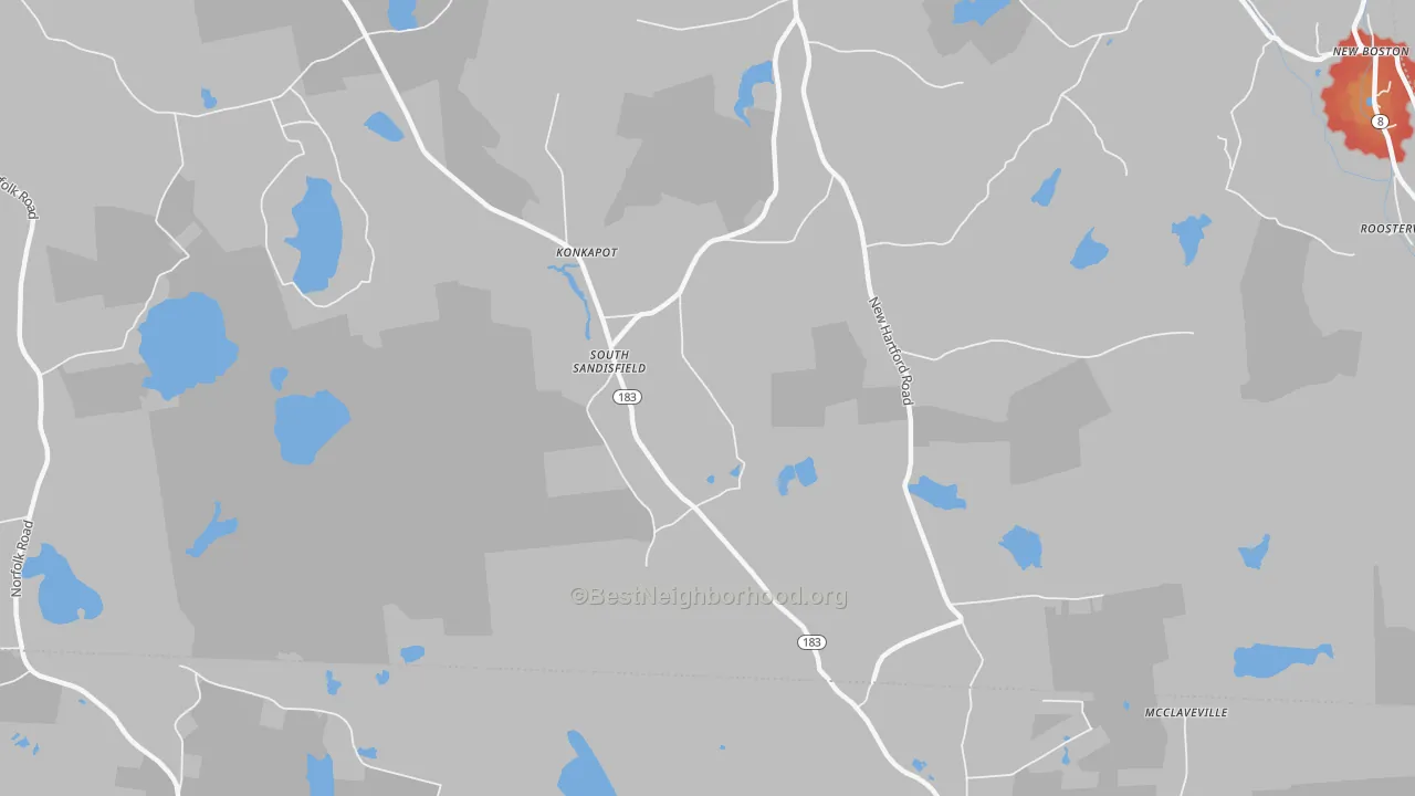 Walk Grade map of South Sandisfield, MA, walkable areas in green and car-dependent areas in red