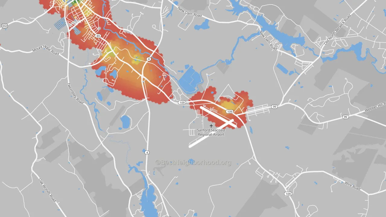 Walk Grade map of South Sanford, ME, walkable areas in green and car-dependent areas in red