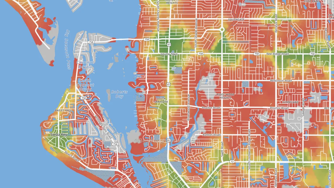 Walk Grade map of South Sarasota, FL, walkable areas in green and car-dependent areas in red