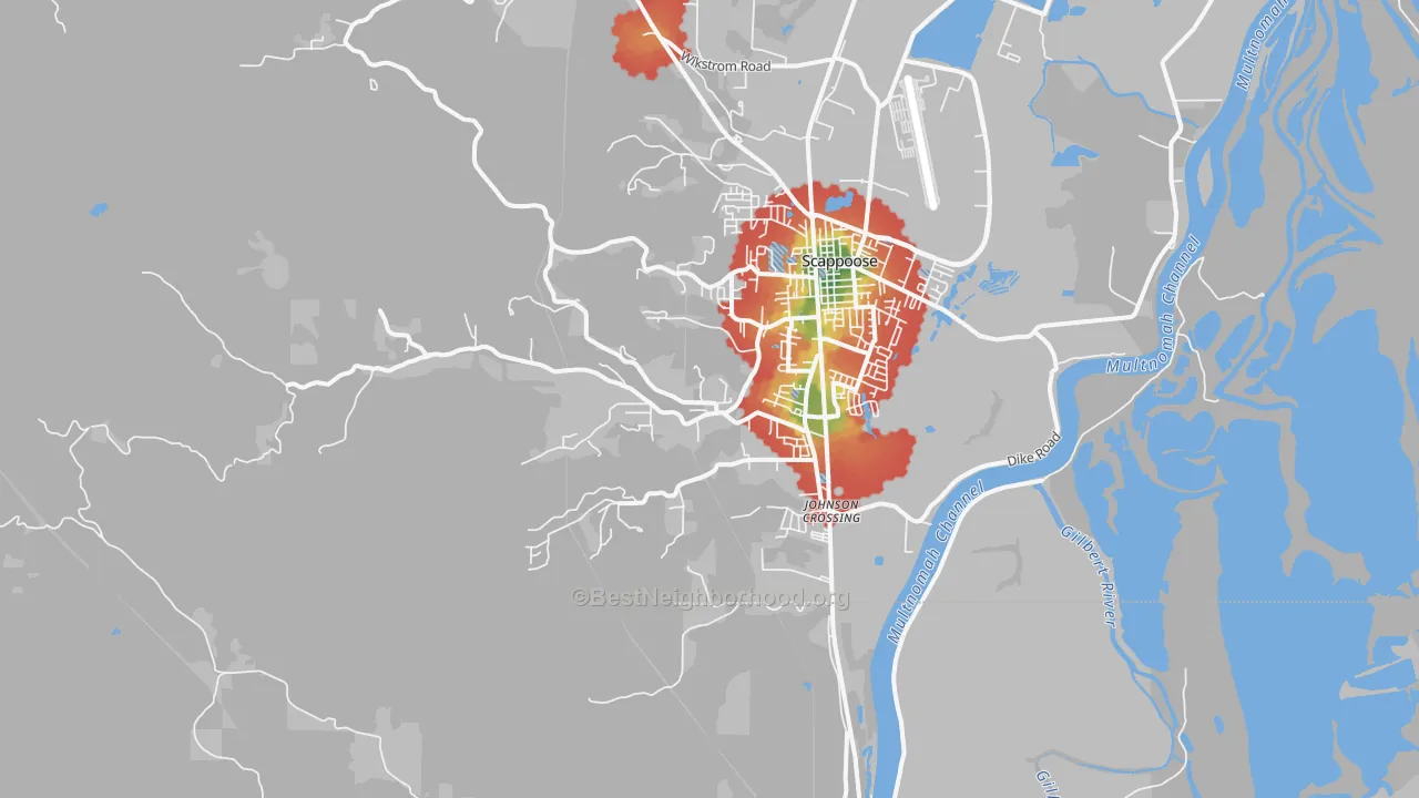 Walk Grade map of South Scappoose, OR, walkable areas in green and car-dependent areas in red