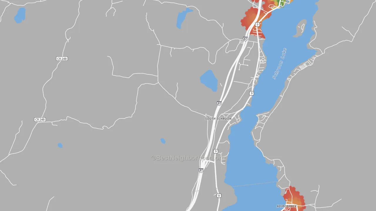 Walk Grade map of South Schroon, NY, walkable areas in green and car-dependent areas in red