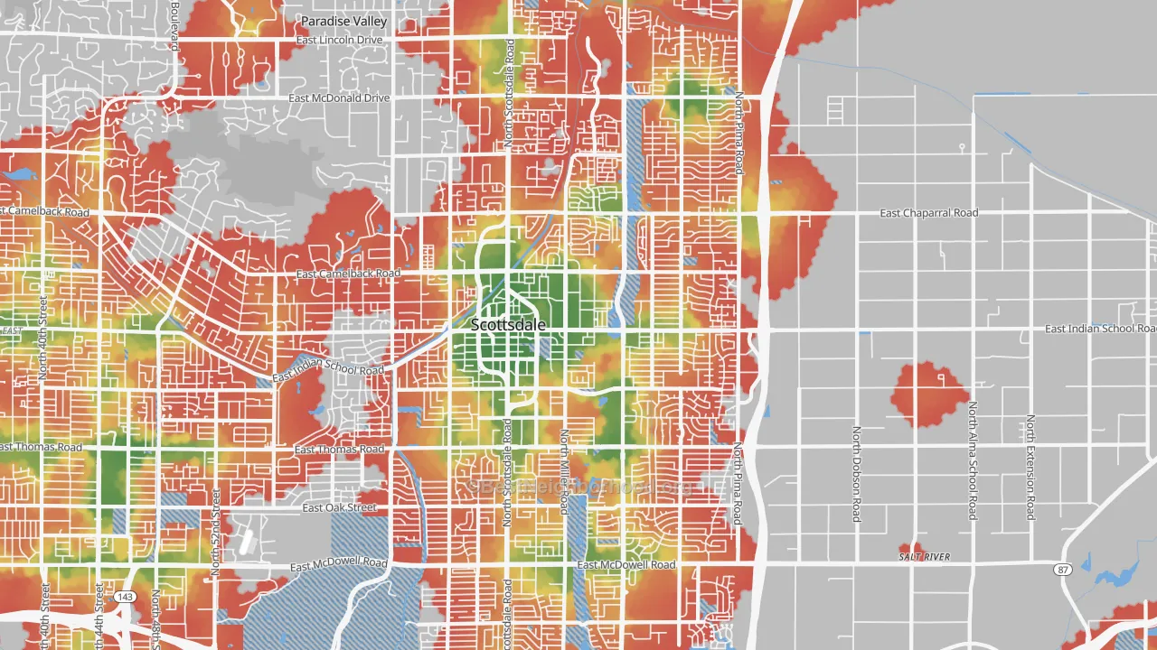 Walk Grade map of South Scottsdale, Scottsdale, AZ, walkable areas in green and car-dependent areas in red