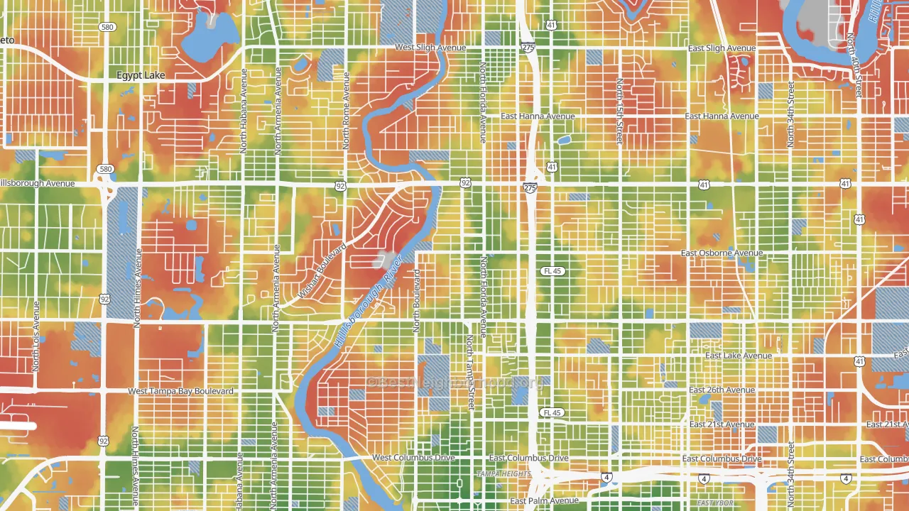 Walk Grade map of South Seminole Heights, Tampa, FL, walkable areas in green and car-dependent areas in red