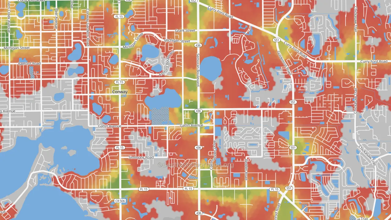 Walk Grade map of South Semoran, Orlando, FL, walkable areas in green and car-dependent areas in red