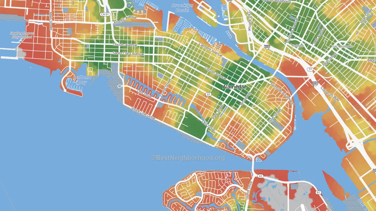 Walk Grade map of South Shore, Alameda, CA, walkable areas in green and car-dependent areas in red