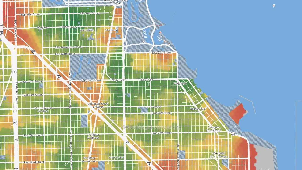 Walk Grade map of South Shore, Chicago, IL, walkable areas in green and car-dependent areas in red