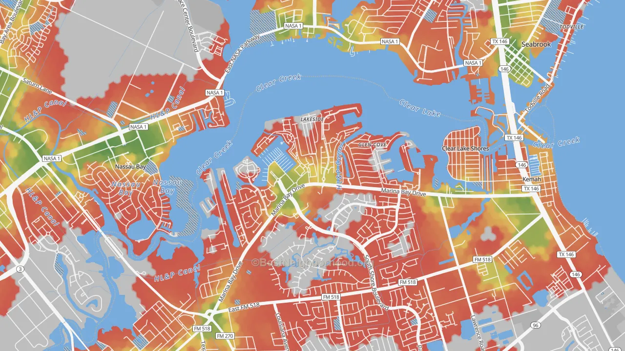 Walk Grade map of South Shore Harbour and Marina, League City, TX, walkable areas in green and car-dependent areas in red