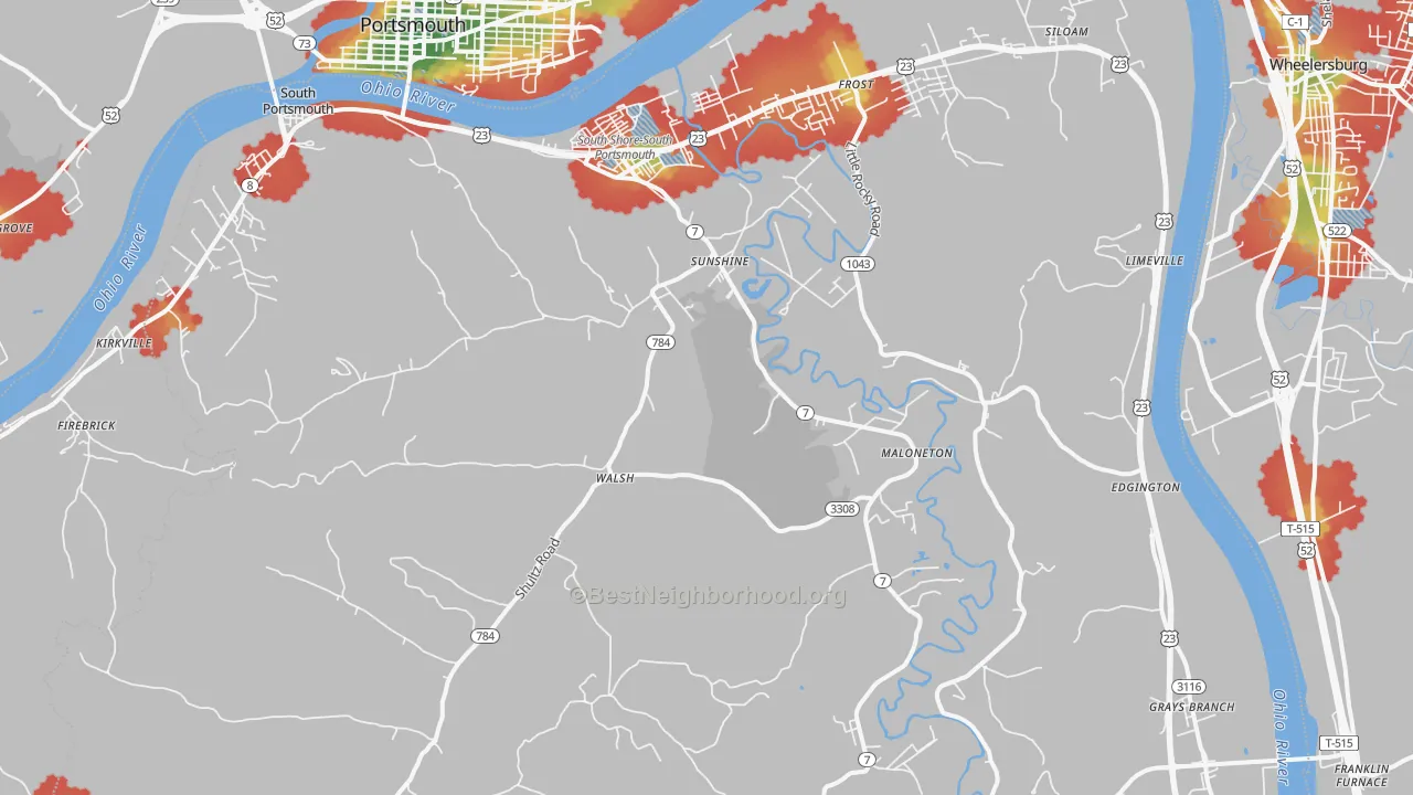 Walk Grade map of South Shore, KY, walkable areas in green and car-dependent areas in red