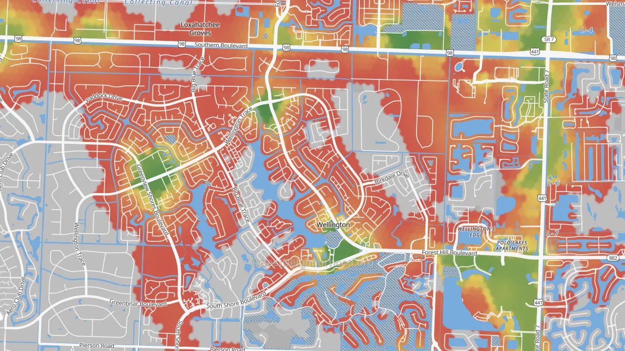 Walk Grade map of South Shore of Wellington, Wellington, FL, walkable areas in green and car-dependent areas in red