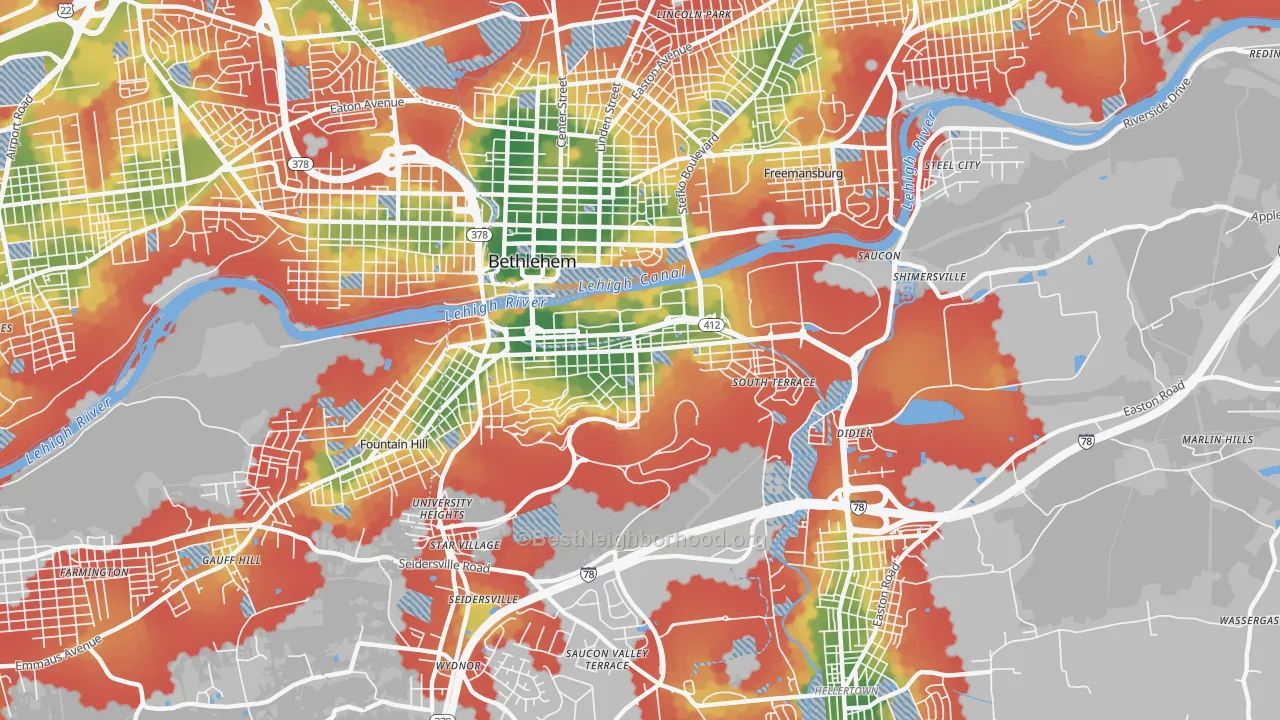 Walk Grade map of South Side, Bethlehem, PA, walkable areas in green and car-dependent areas in red