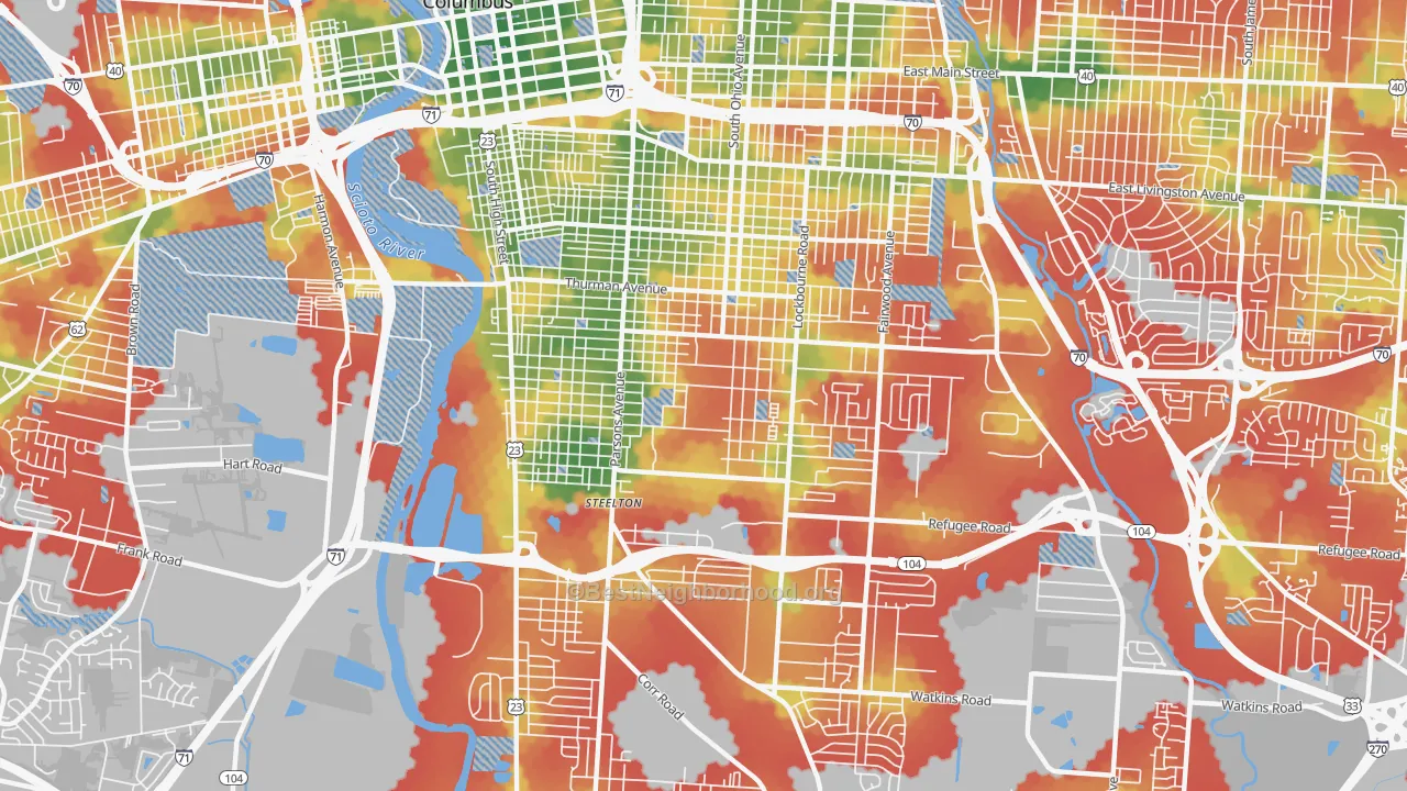 Walk Grade map of South Side, Columbus, OH, walkable areas in green and car-dependent areas in red