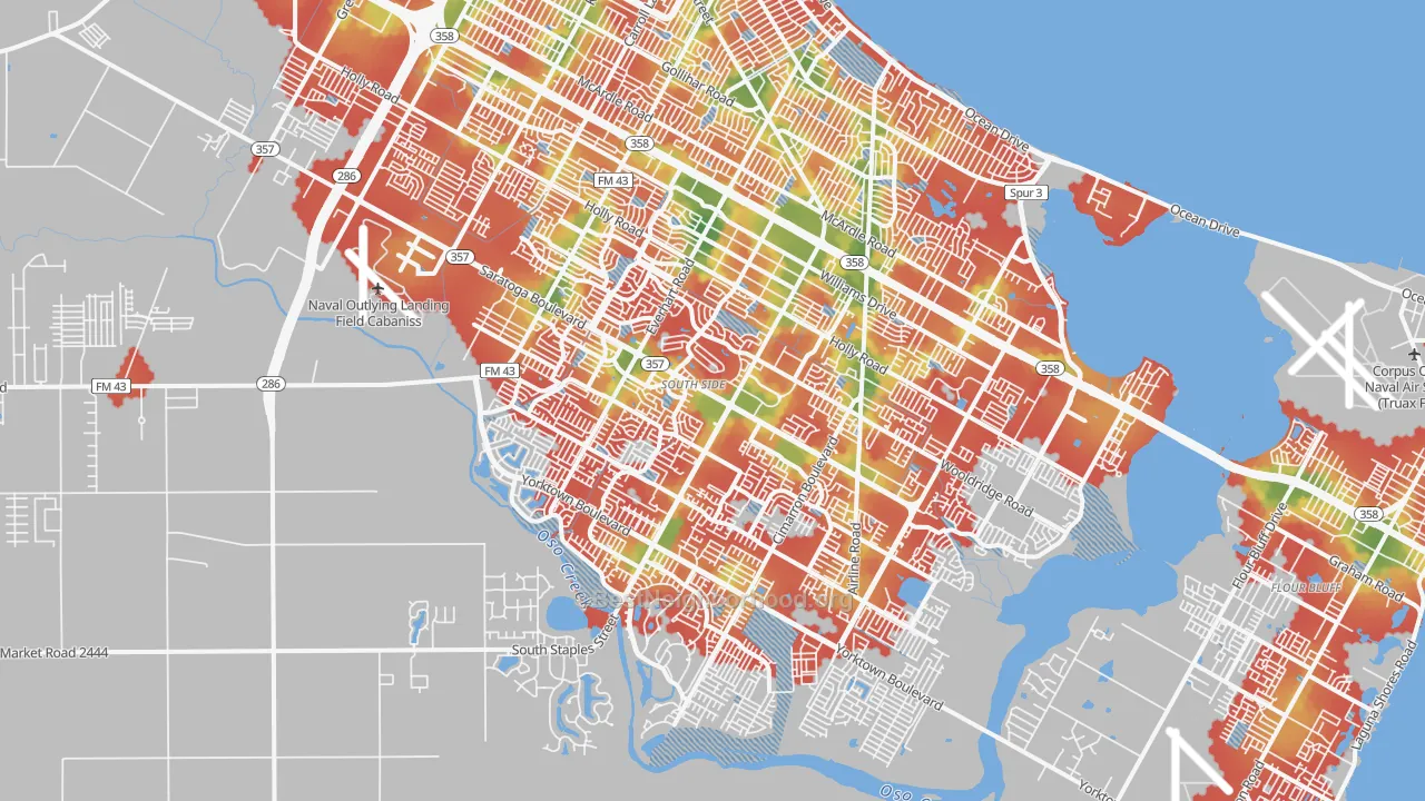 Walk Grade map of South Side, Corpus Christi, TX, walkable areas in green and car-dependent areas in red