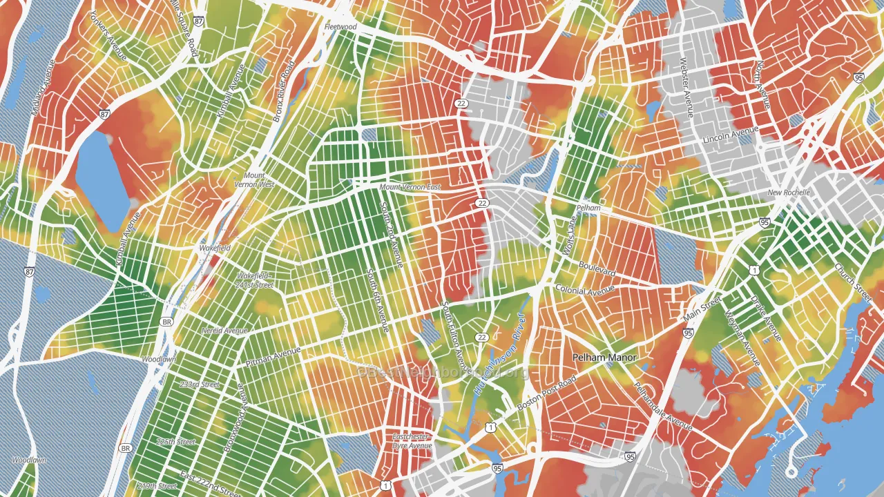 Walk Grade map of South Side, Mount Vernon, NY, walkable areas in green and car-dependent areas in red