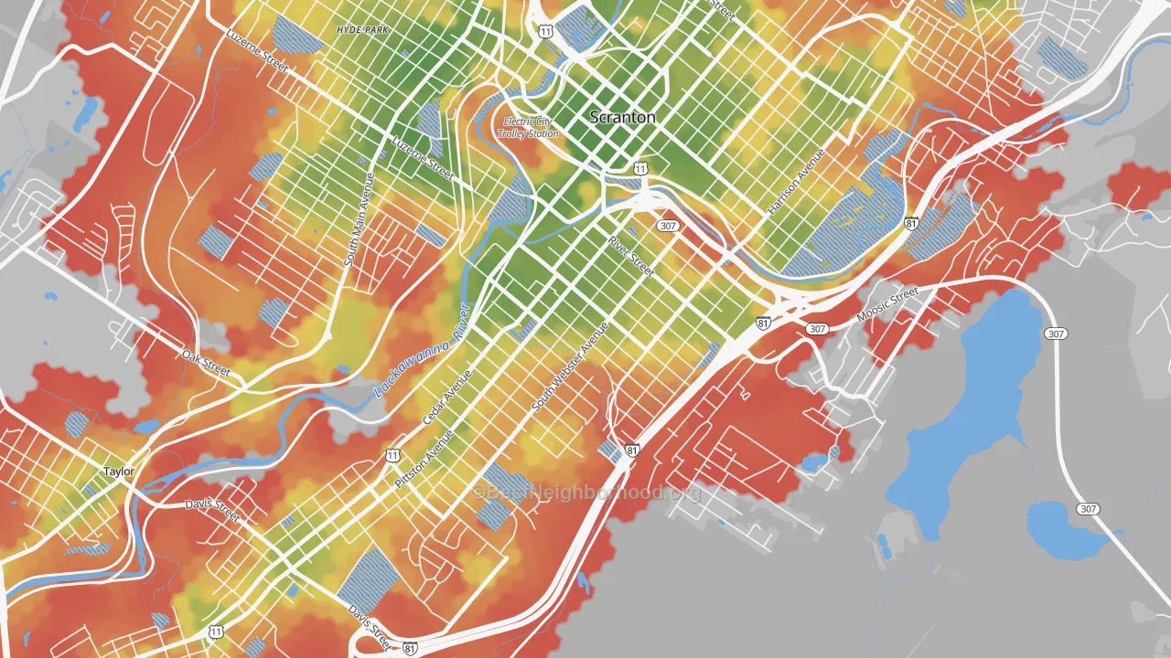 Walk Grade map of South Side, Scranton, PA, walkable areas in green and car-dependent areas in red