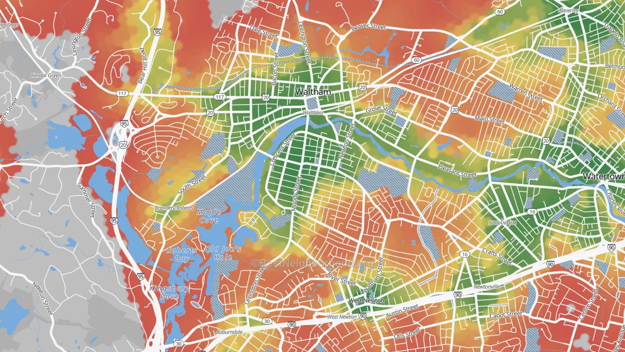 Walk Grade map of South Side, Waltham, MA, walkable areas in green and car-dependent areas in red