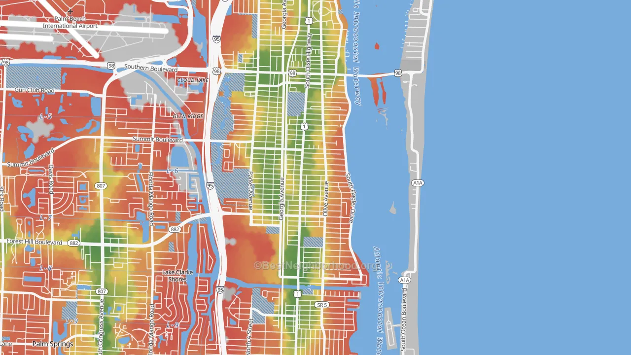 Walk Grade map of South Side, West Palm Beach, FL, walkable areas in green and car-dependent areas in red