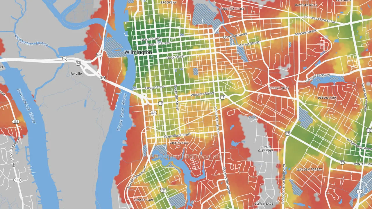 Walk Grade map of South Side, Wilmington, NC, walkable areas in green and car-dependent areas in red