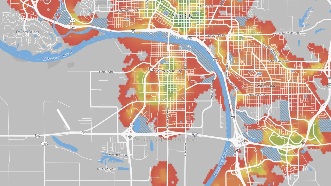 Walk Grade map of South Sioux City, NE, walkable areas in green and car-dependent areas in red