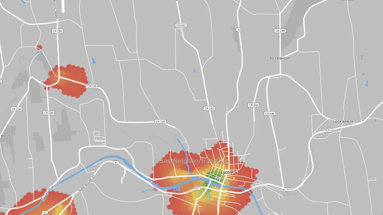 Walk Grade map of South Sodus, NY, walkable areas in green and car-dependent areas in red