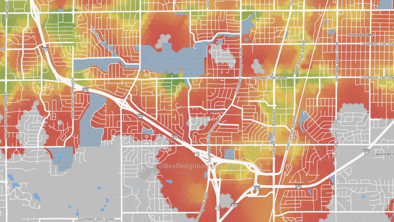 Walk Grade map of South Southeast 1, Topeka, KS, walkable areas in green and car-dependent areas in red