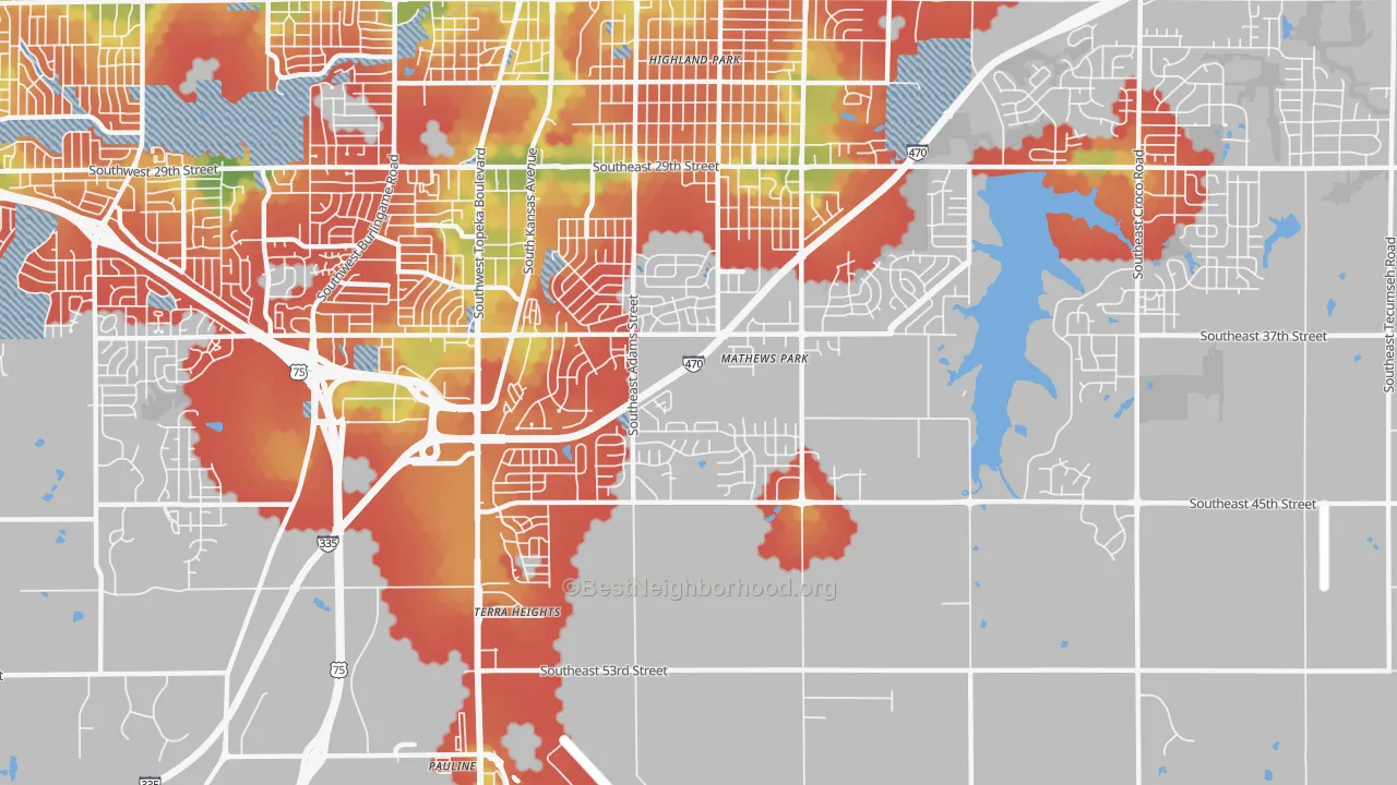 Walk Grade map of South Southeast 3, Topeka, KS, walkable areas in green and car-dependent areas in red