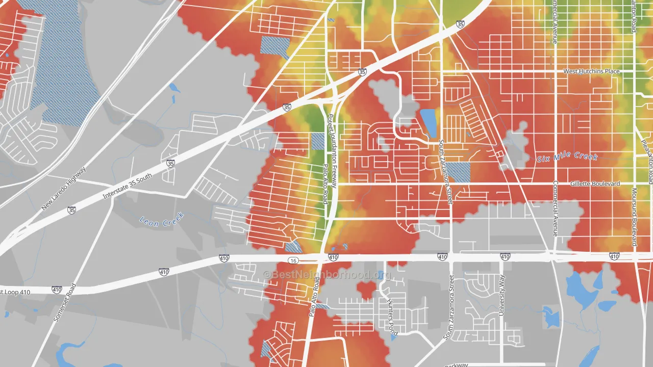 Walk Grade map of South Southwest, San Antonio, TX, walkable areas in green and car-dependent areas in red