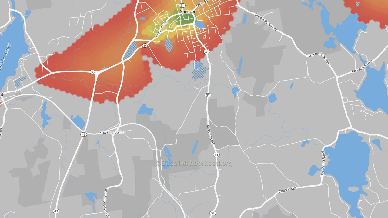 Walk Grade map of South Spencer, MA, walkable areas in green and car-dependent areas in red