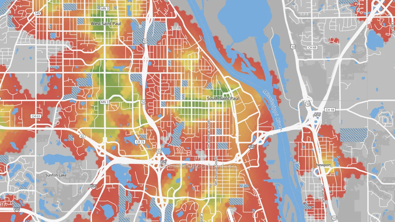 Walk Grade map of South St. Paul, MN, walkable areas in green and car-dependent areas in red