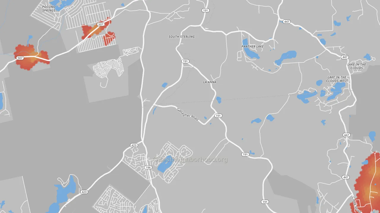 Walk Grade map of South Sterling, PA, walkable areas in green and car-dependent areas in red