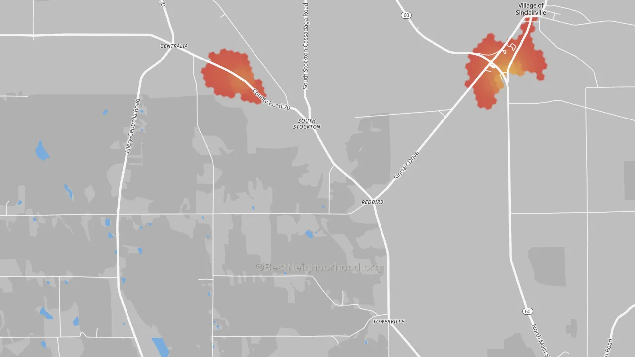 Walk Grade map of South Stockton, NY, walkable areas in green and car-dependent areas in red