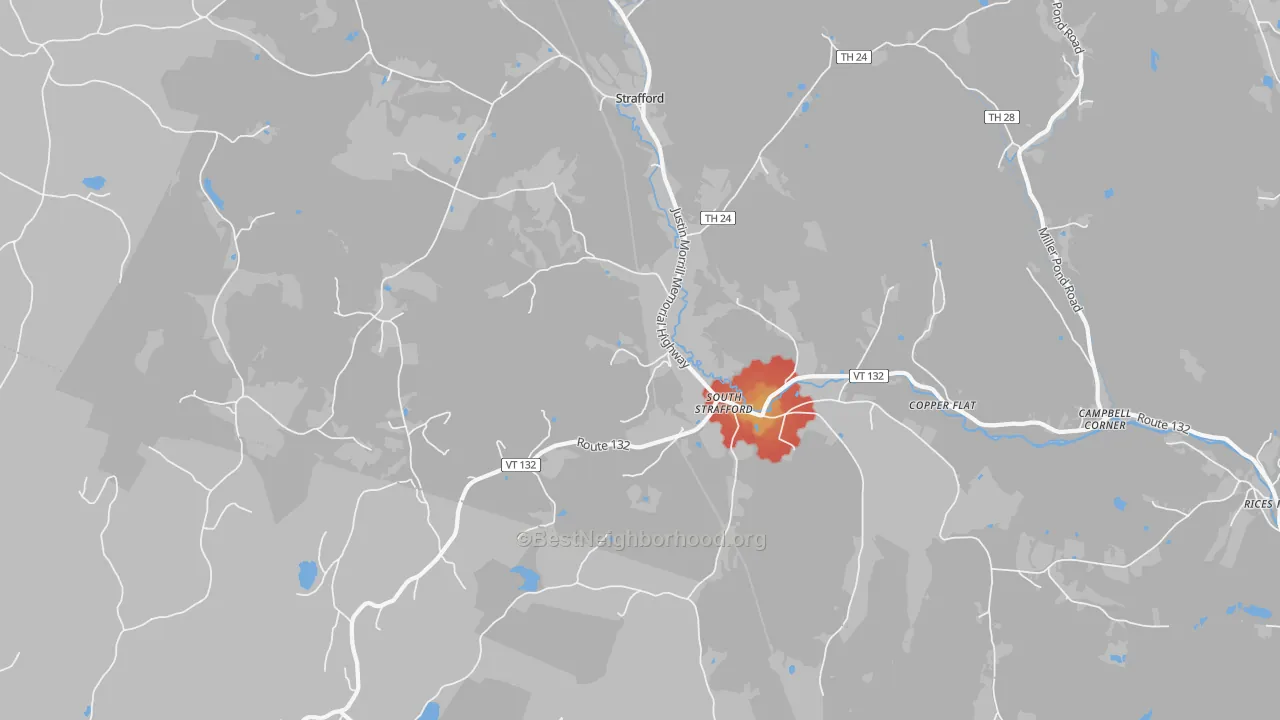 Walk Grade map of South Strafford, VT, walkable areas in green and car-dependent areas in red