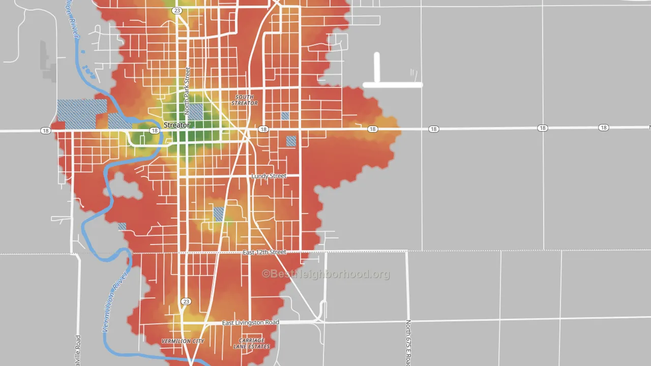 Walk Grade map of South Streator, IL, walkable areas in green and car-dependent areas in red