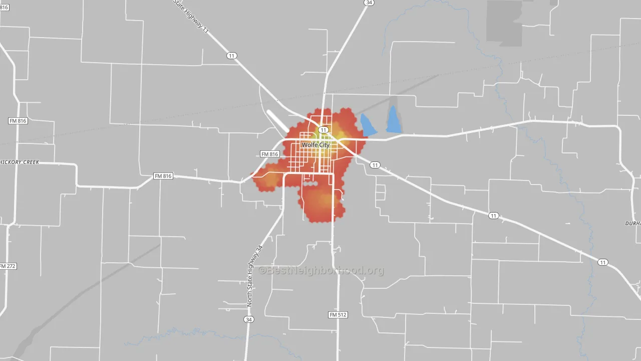 Walk Grade map of South Sulphur, TX, walkable areas in green and car-dependent areas in red