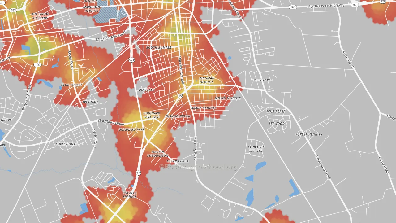 Walk Grade map of South Sumter, SC, walkable areas in green and car-dependent areas in red