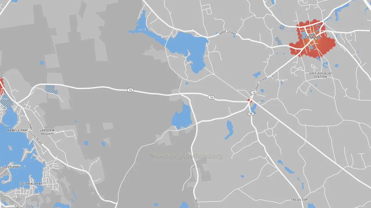 Walk Grade map of South Sutton, MA, walkable areas in green and car-dependent areas in red