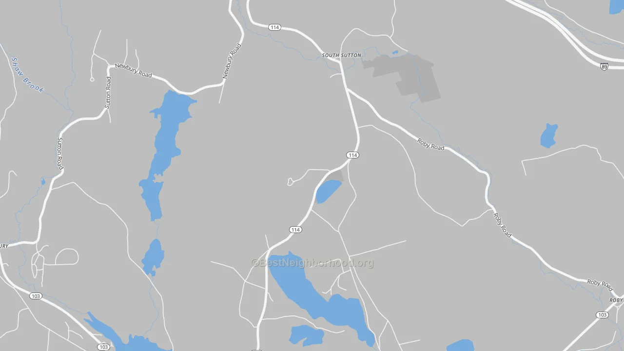 Walk Grade map of South Sutton, NH, walkable areas in green and car-dependent areas in red