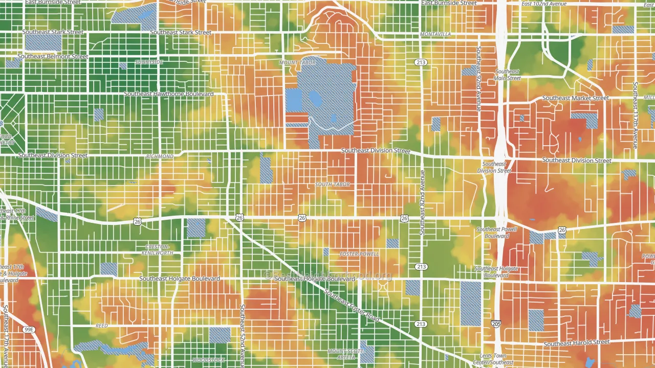 Walk Grade map of South Tabor, Portland, OR, walkable areas in green and car-dependent areas in red