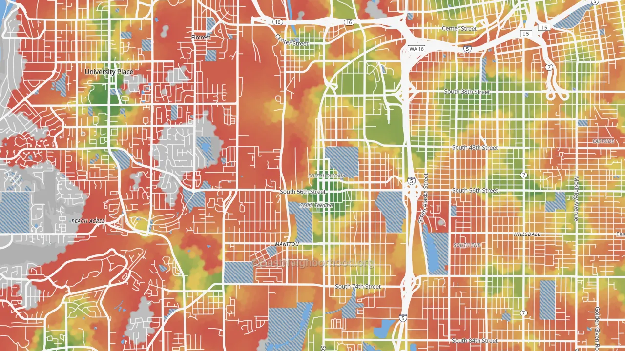 Walk Grade map of South Tacoma, Tacoma, WA, walkable areas in green and car-dependent areas in red